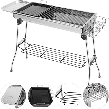GRANDMA SHARK BBQ Grill, Stainless Steel Barbecue Grill with Stand, Foldable