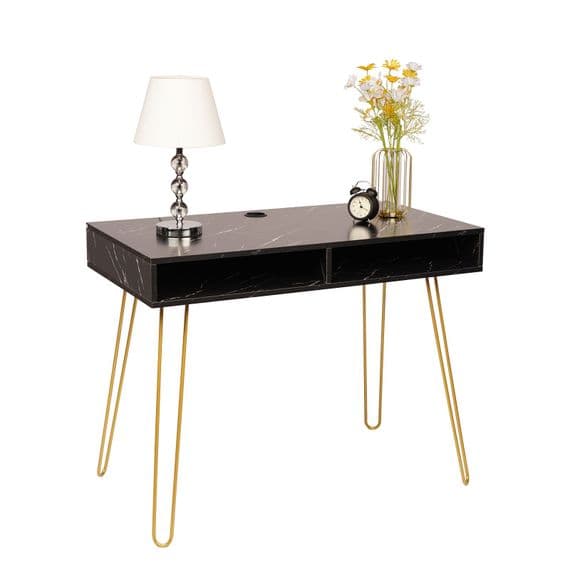 Black Marble Veneer Aria Office Computer Desk or Dressing Room Table with Gold Metal Legs