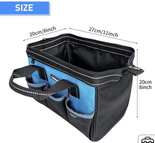YEESAINT Wide Mouth Tool Bag, 10-Inch Storage Tool Tote Pouch, Waterproof Tool Box Organizer with Inside Pockets, Adjustable Shoulder Strap with Reflective Strips